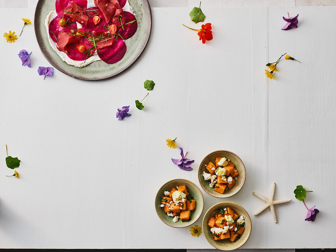 Beetroot carpaccio with ricotta and marinated melon with feta cheese (USA)