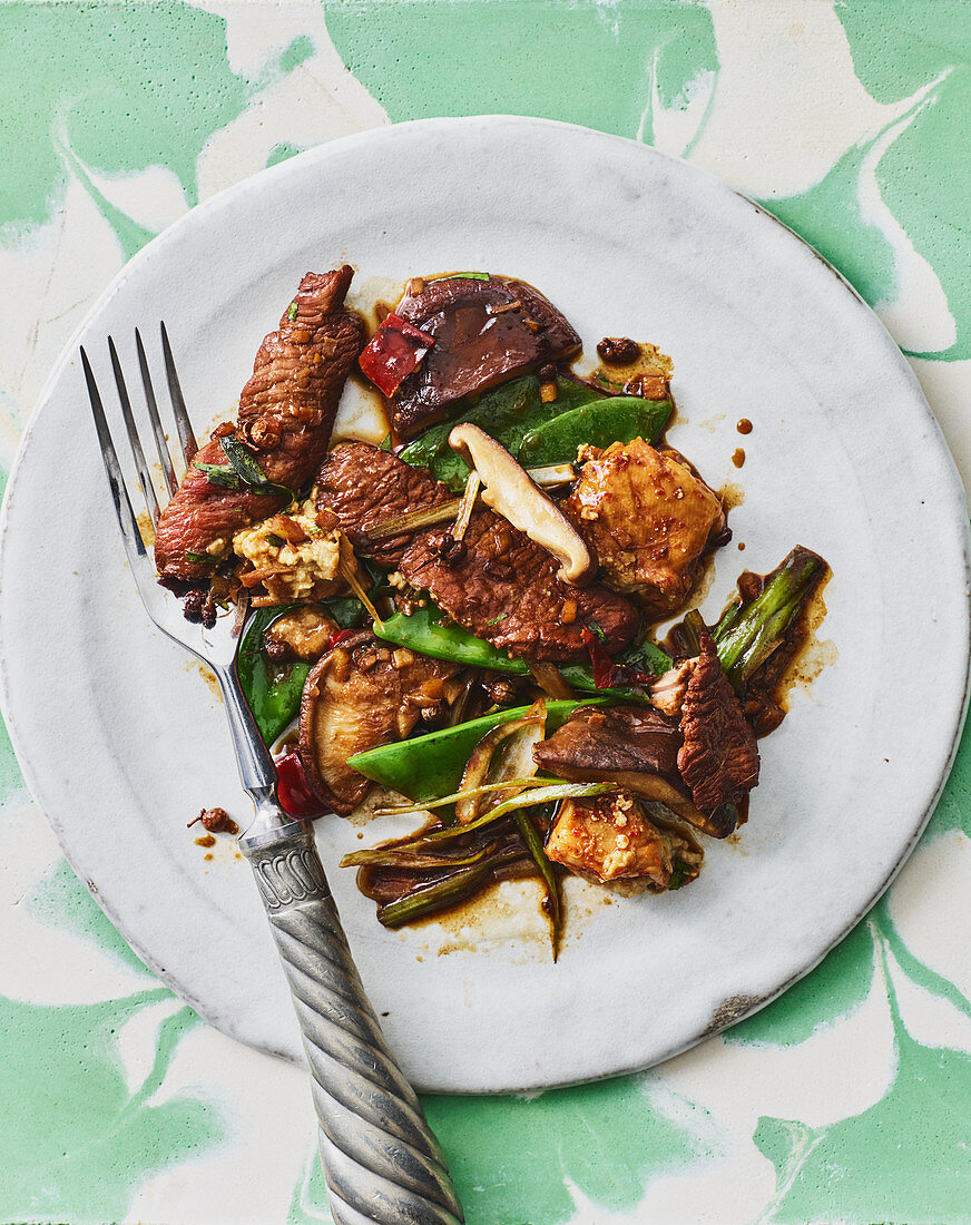 Szechuan lamb with mange tout (San Francisco, USA)