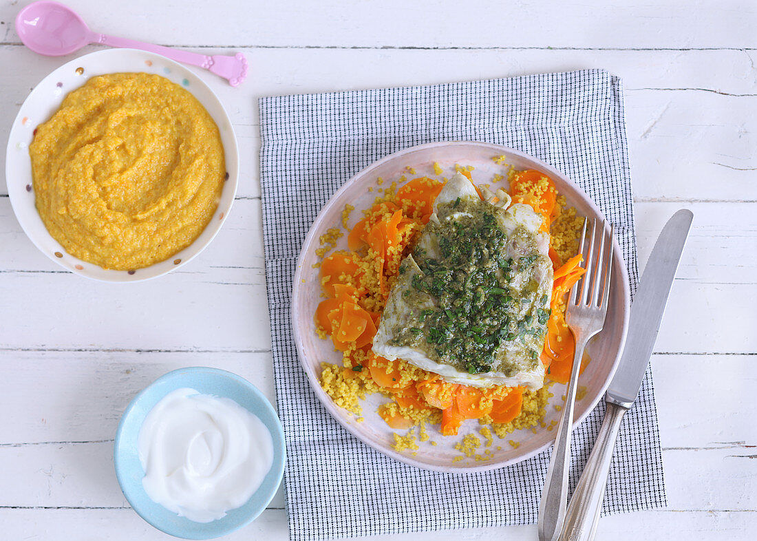Pesto fish with carrots for mum and pesto fish and carrot mash for baby