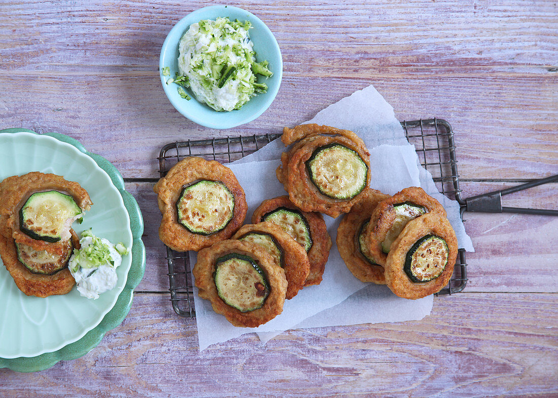 Potato fritters with courgette hearts and courgette quark