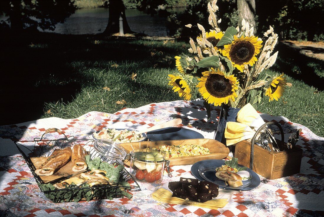 Lawn Picnic on a Quilt with Sunflowers