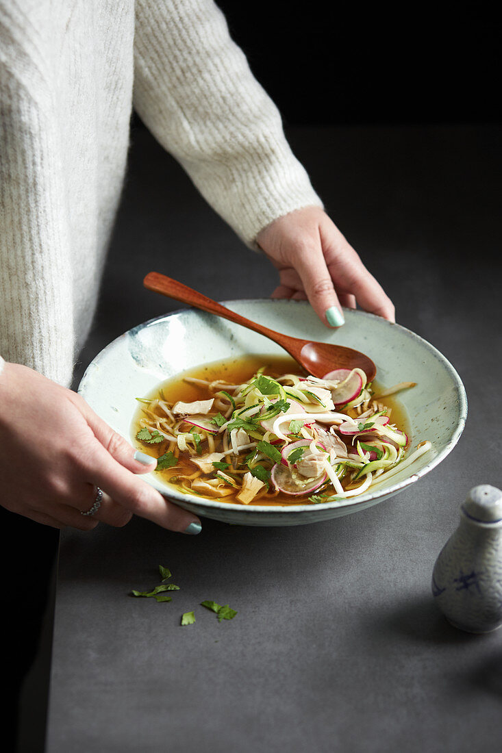 Asia-Chicken-Soup mit Zucchini-Spirelli und Radieschen