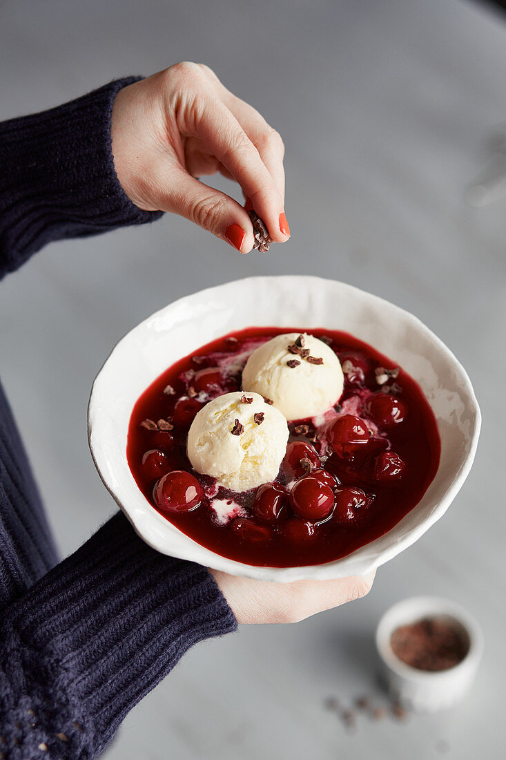 Cold cherry soup 'Mon Cherie' with frozen yoghurt