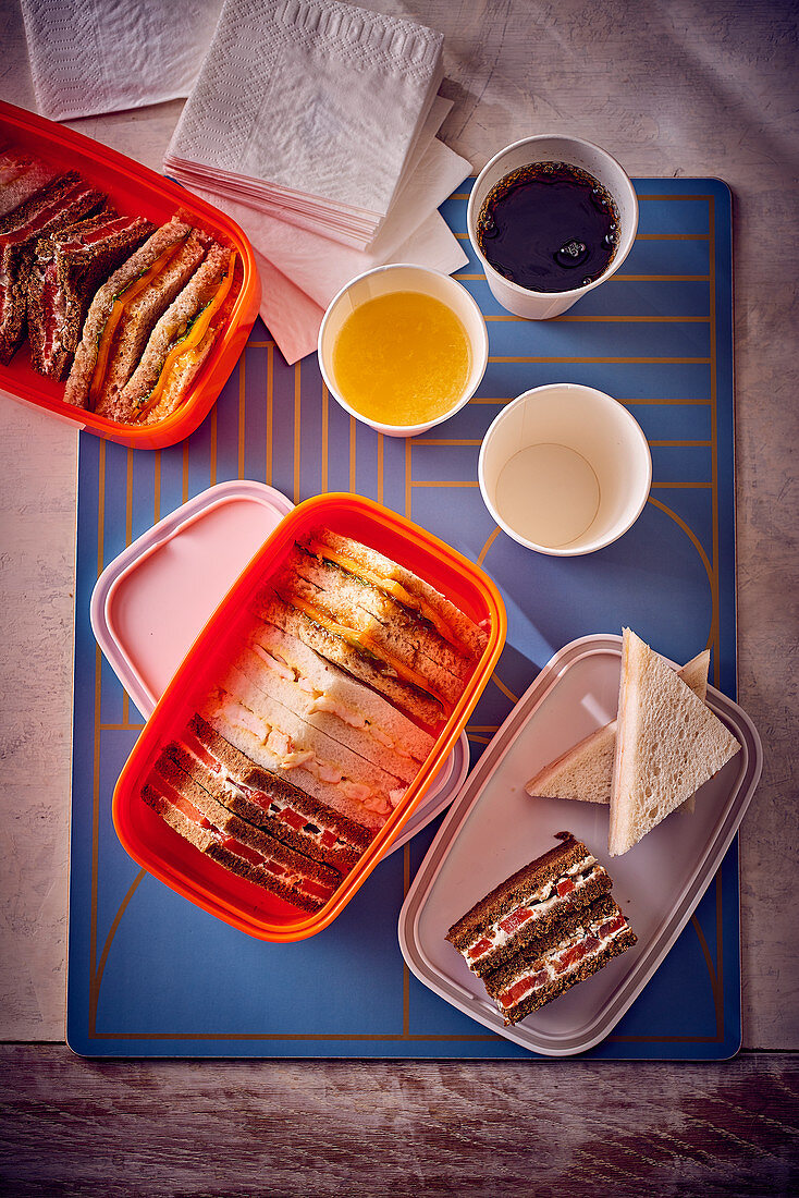 Tupperbox mit verschieden belegten Sandwiches