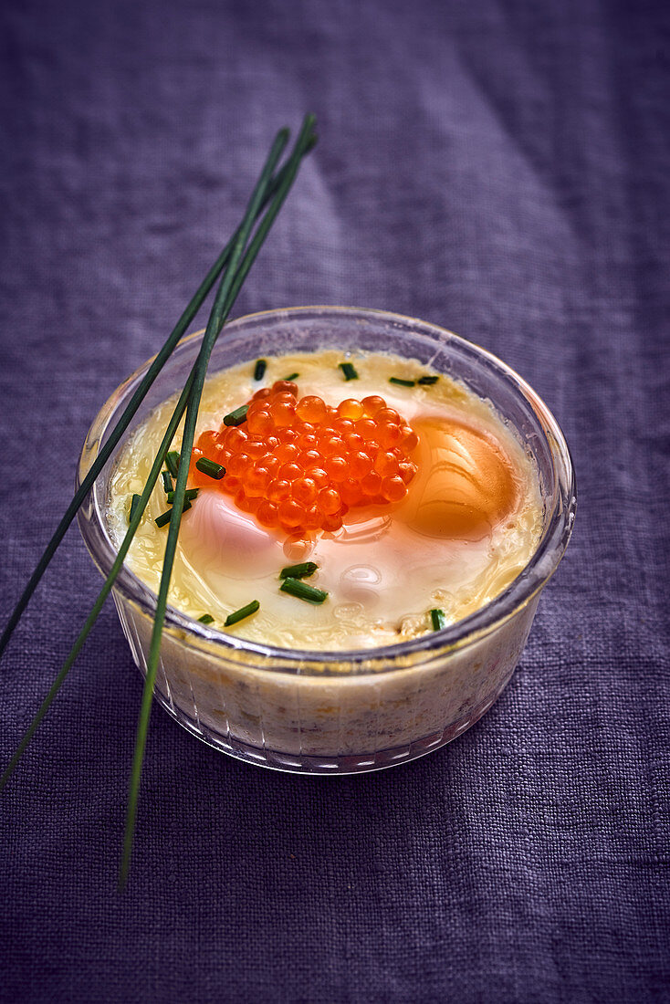 Oeuf cocotte with trout caviar and chives