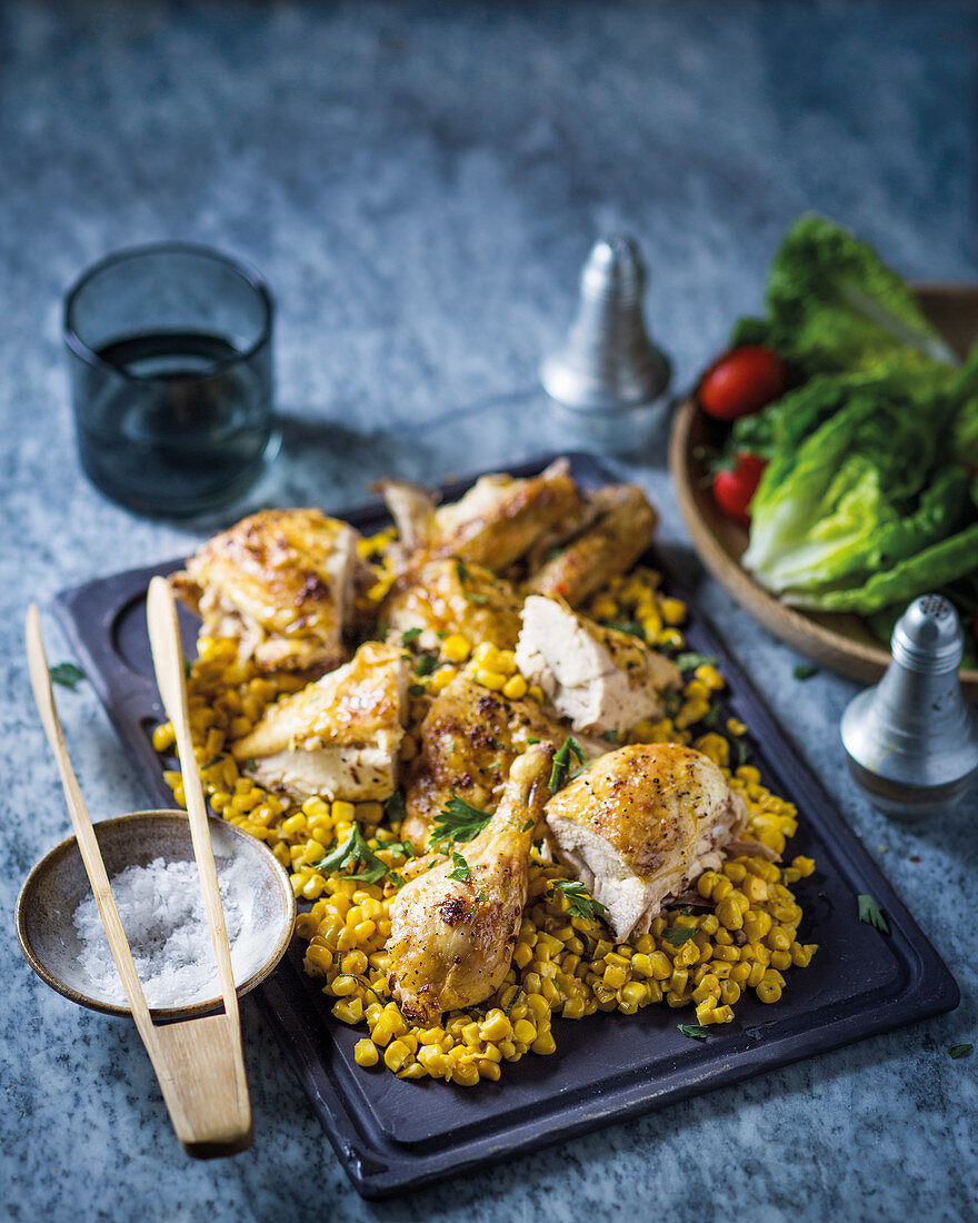 Roast chicken with buttered corn and sage