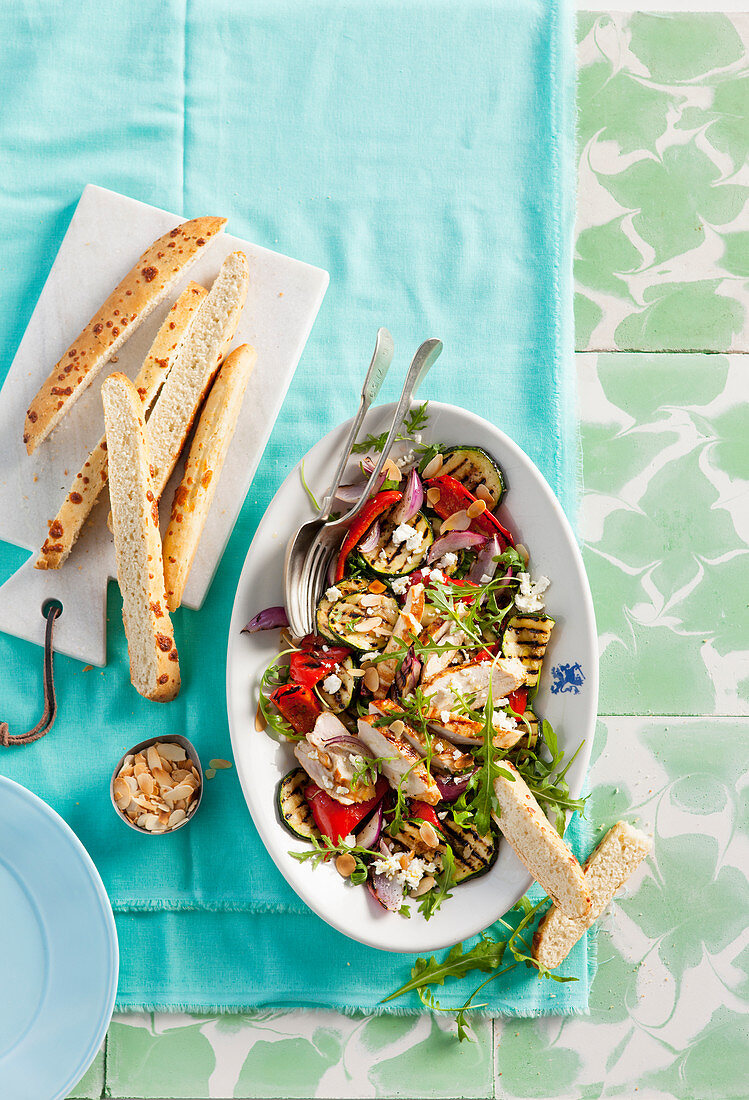 Mediterranean chicken salad with feta cheese and almonds