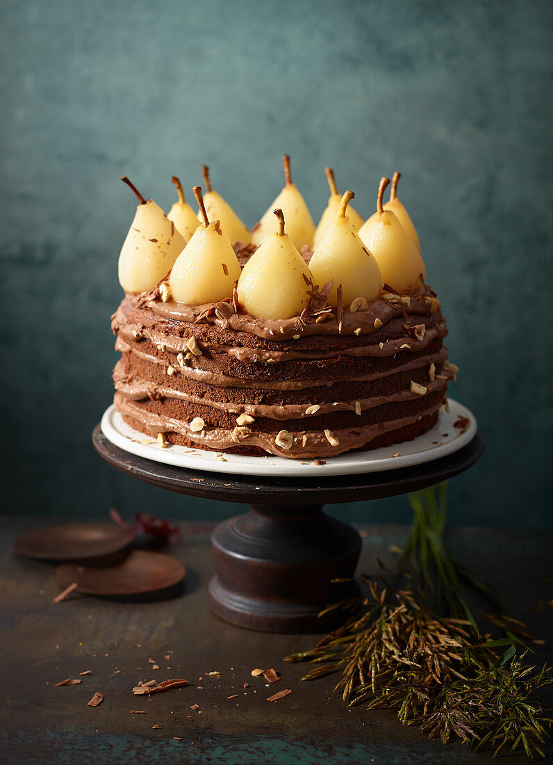 An autumnal pear cake with ganache