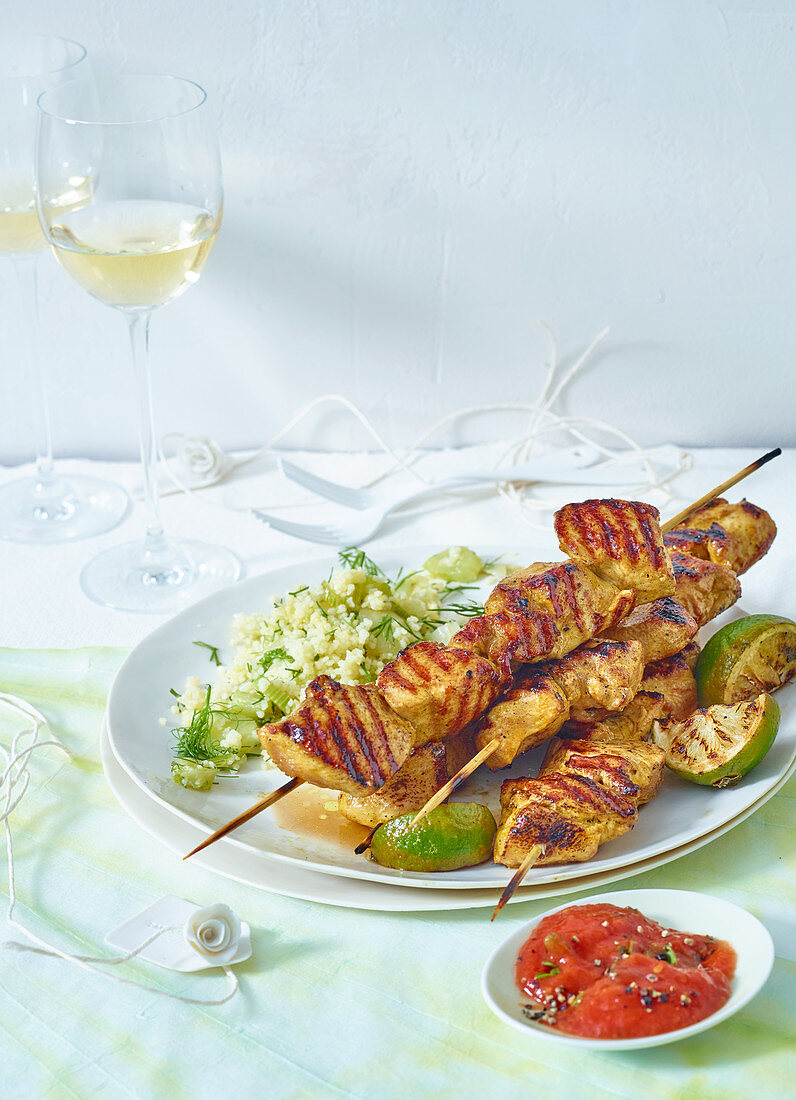 Chicken skewers with couscous and a brandy-tomato sauce