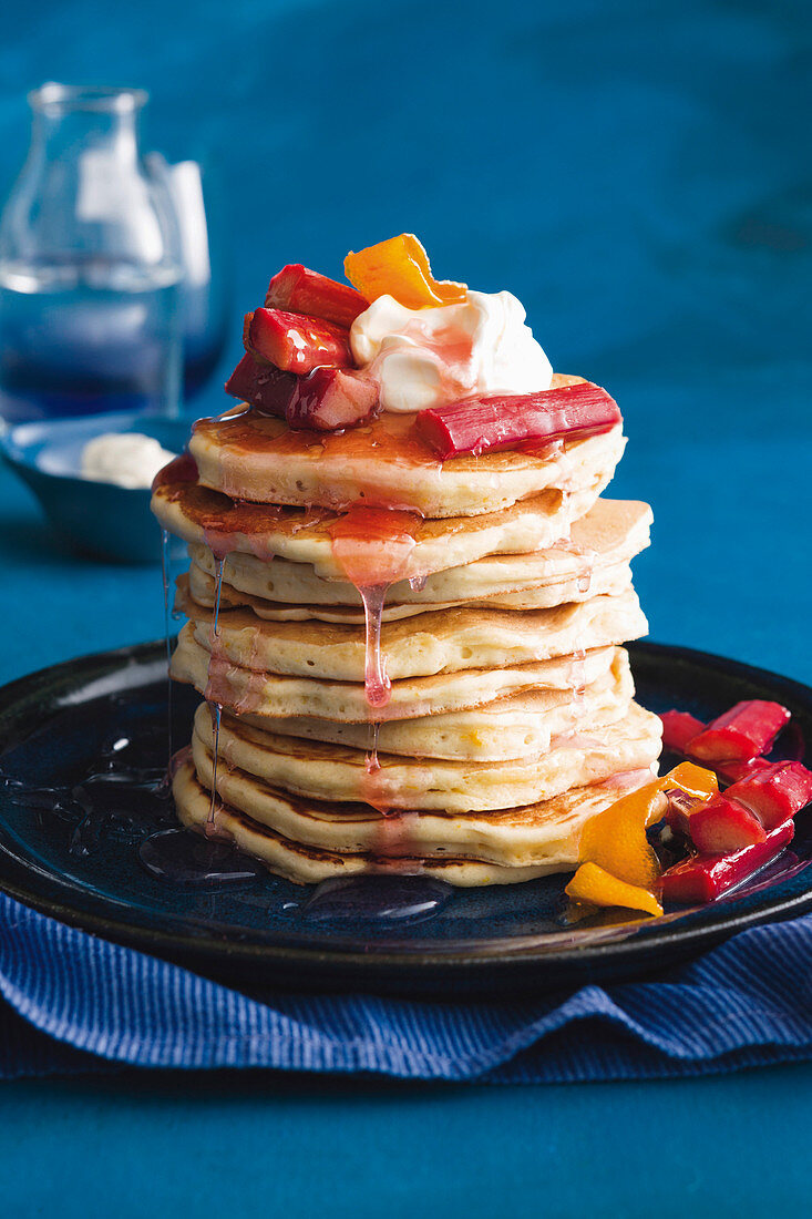 Orange and buttermilk pancakes with poached rhubarb