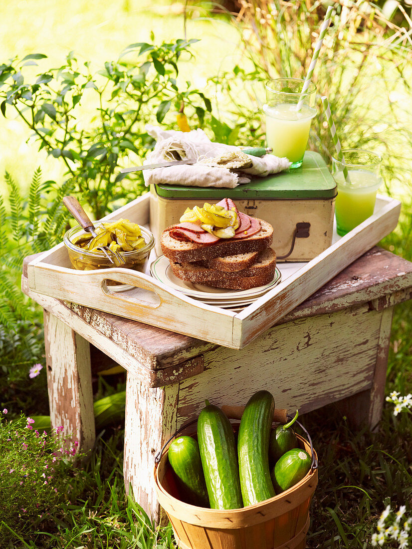 Schinkenbrot mit Essiggurken zum Picknick