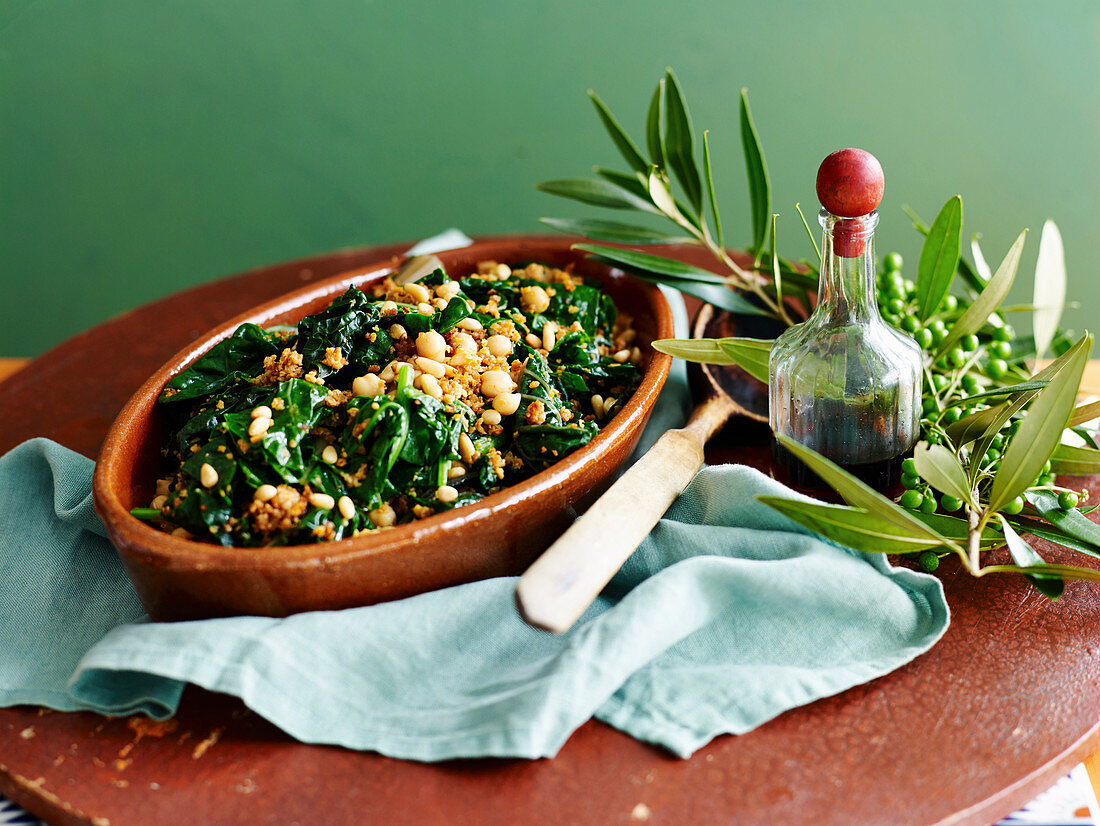 Spiced greens with Chickpeas and pine nuts