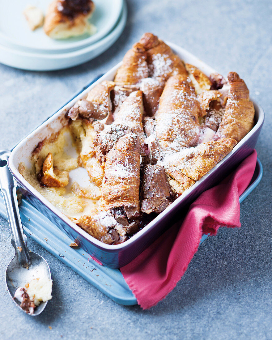 Bread and butter pudding with marshmallows for Easter