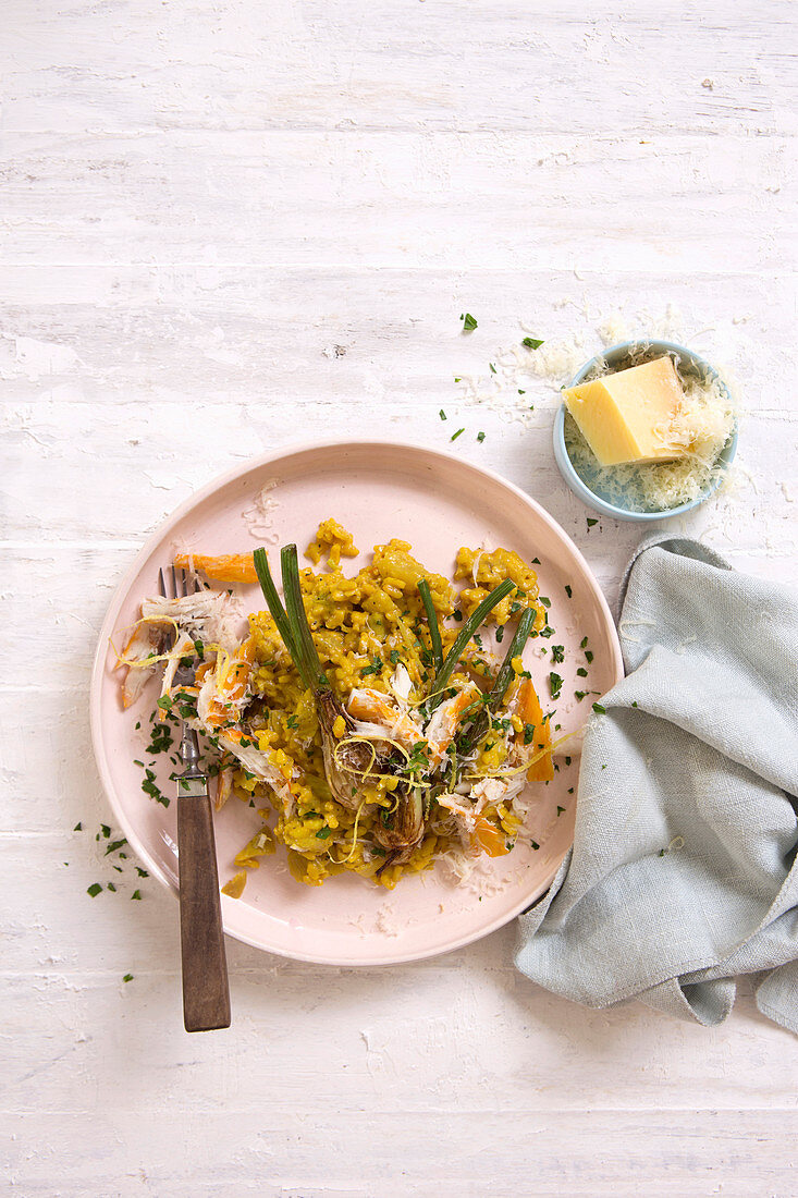 Fennel and saffron risotto with smoked fish