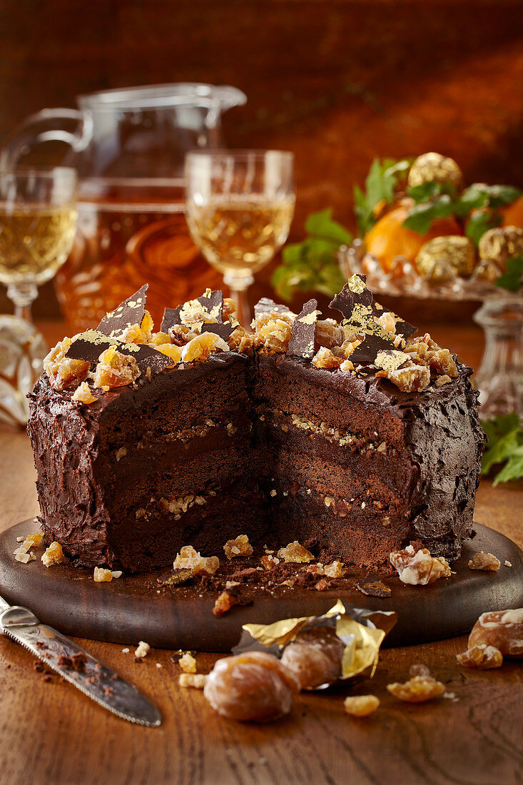 Chocolate cake with glazed sweet chestnuts