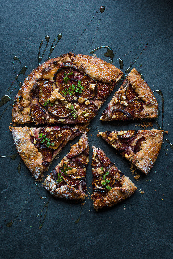 Fig and walnut galette with honey, view from above