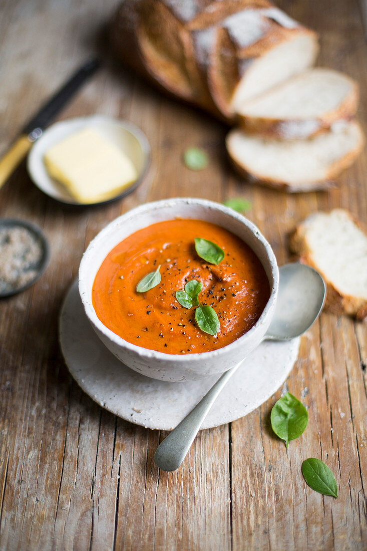 Suppe aus gebratenen Tomaten mit Basilikum und Weißbrot