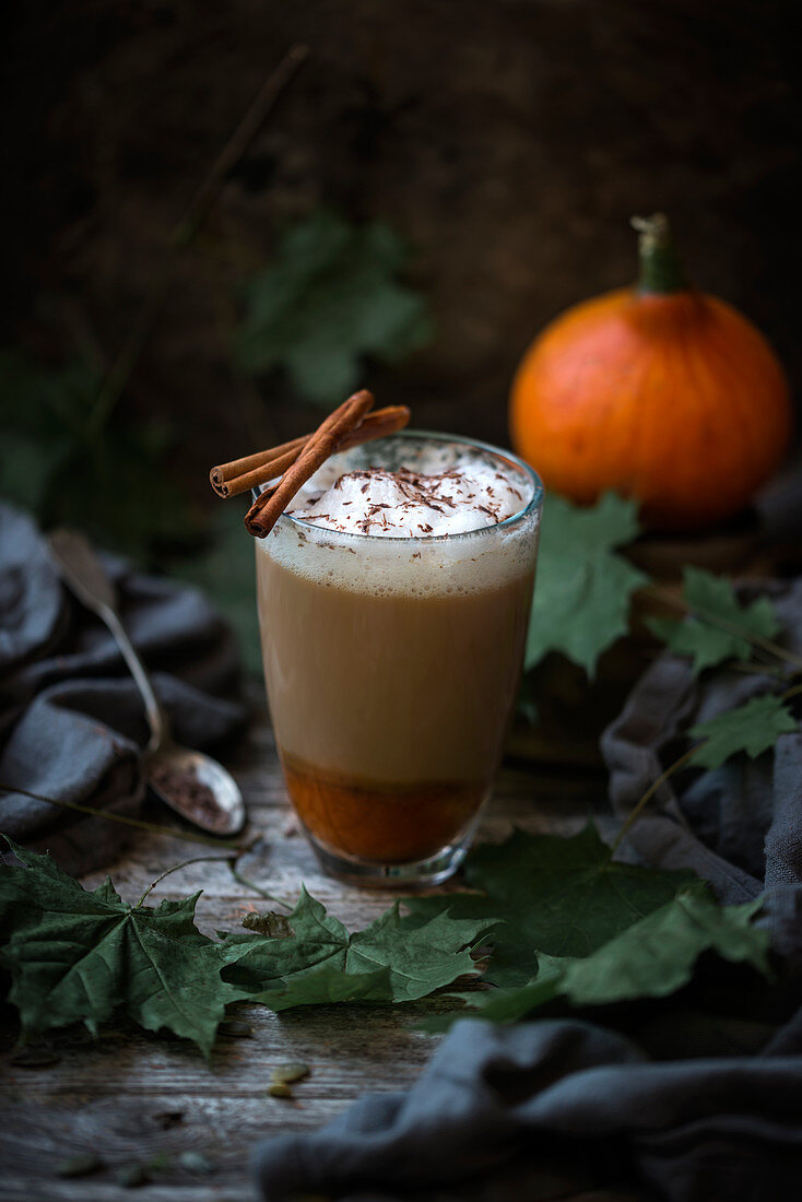 Vegan pumpkin and almond latte with cinnamon