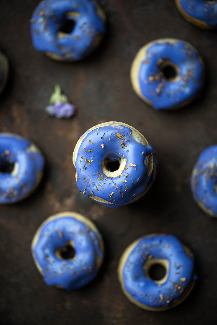 Mini vegan doughnuts with blueberry glaze and flowers spices