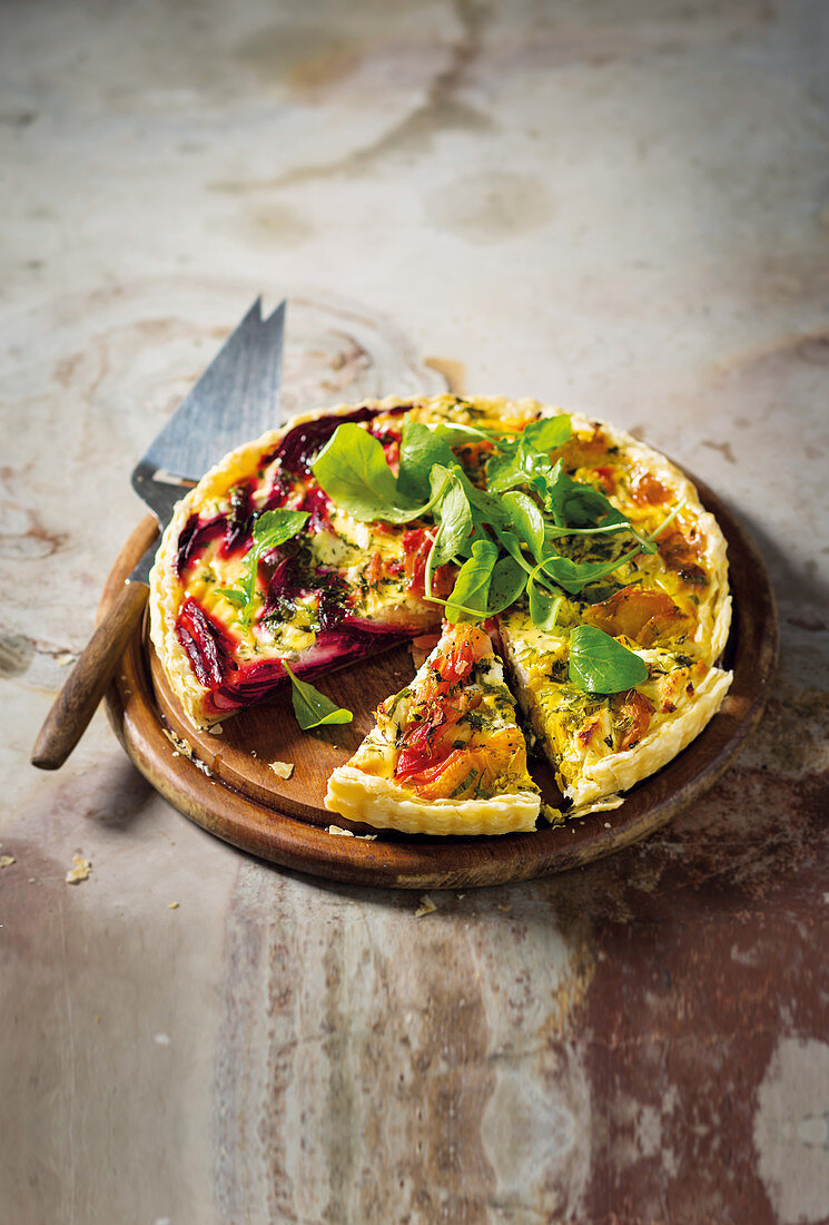 Goats cheese quiche with beetroot and golden beets