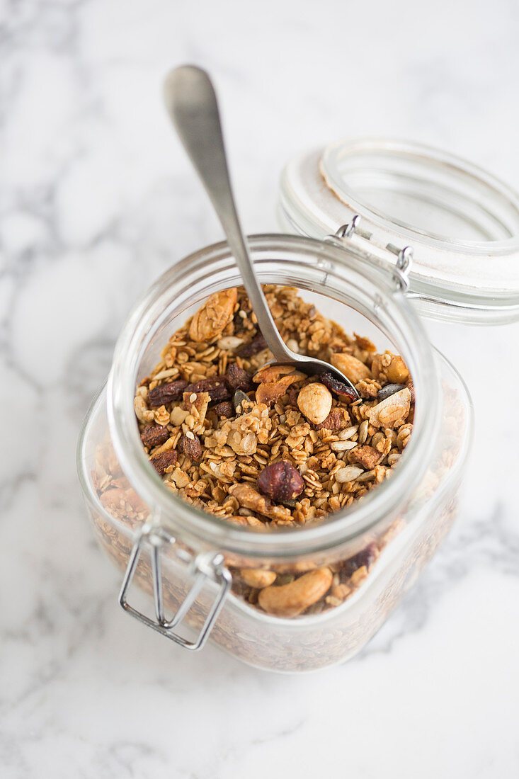 Honey and nut granola with coconut flakes, goji berries and seeds