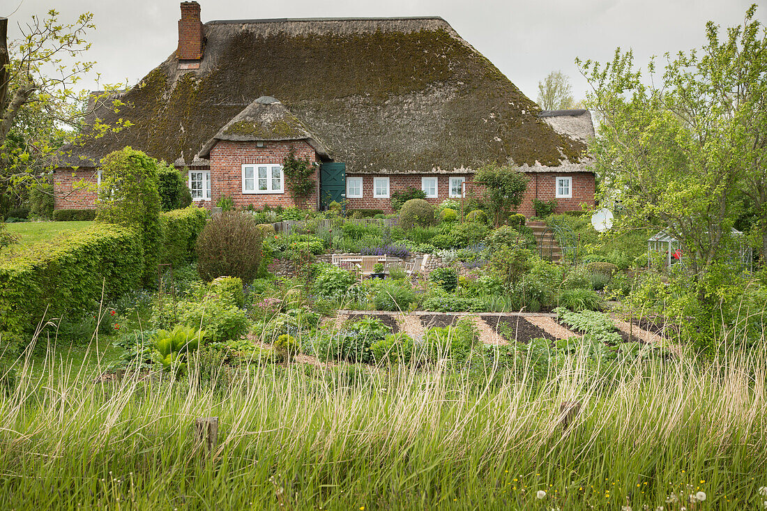 Thatched house with garden (East Frisia, northern Germany)