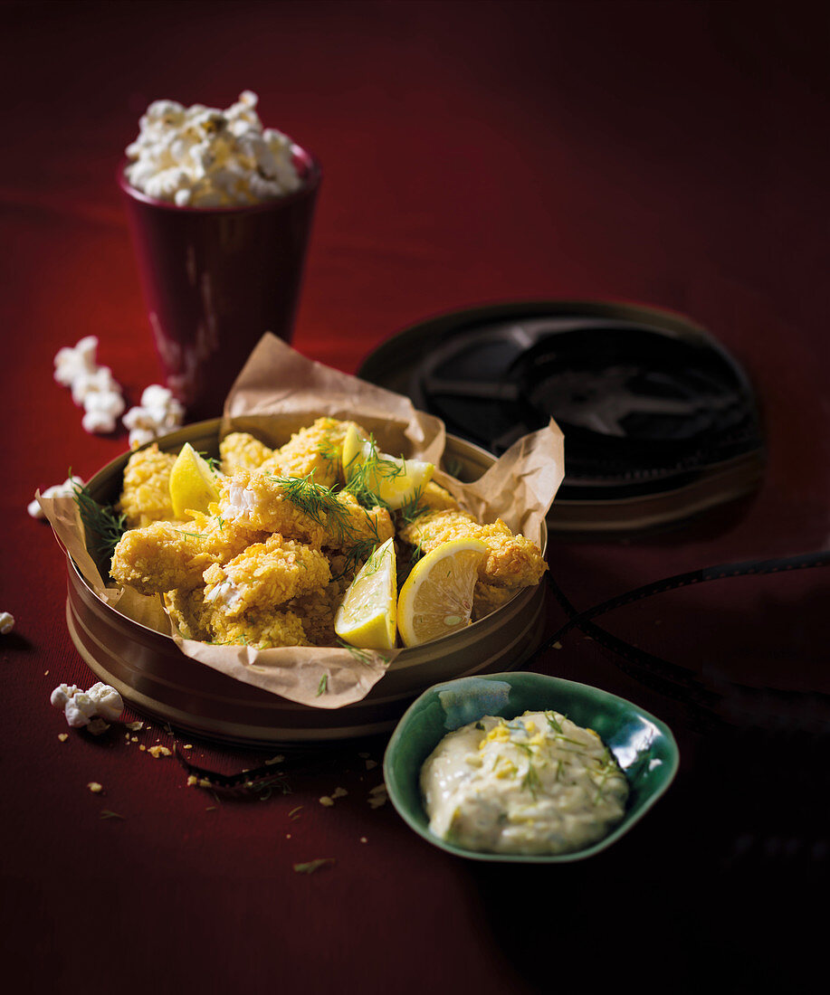 Fish nuggets with a crisps coating with sauce tartare