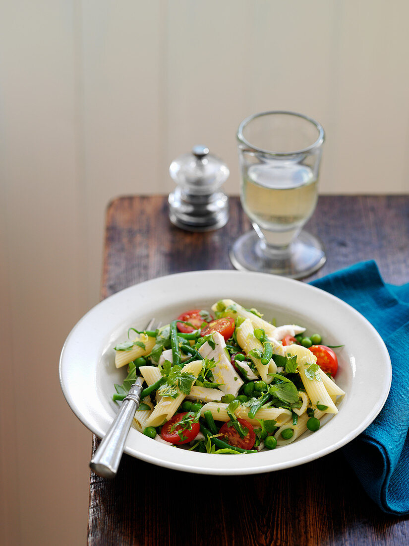 Pasta salad with chicken and cherry tomatoes