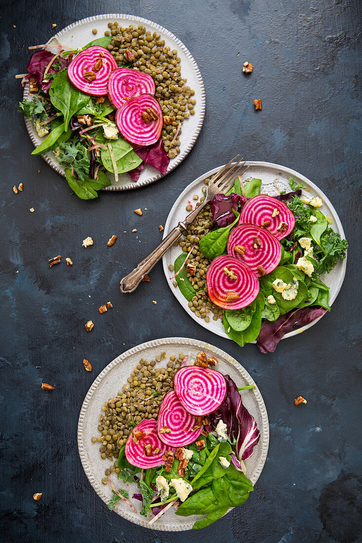 Salad with chioggia beets, lettuce, blue cheese and lentils
