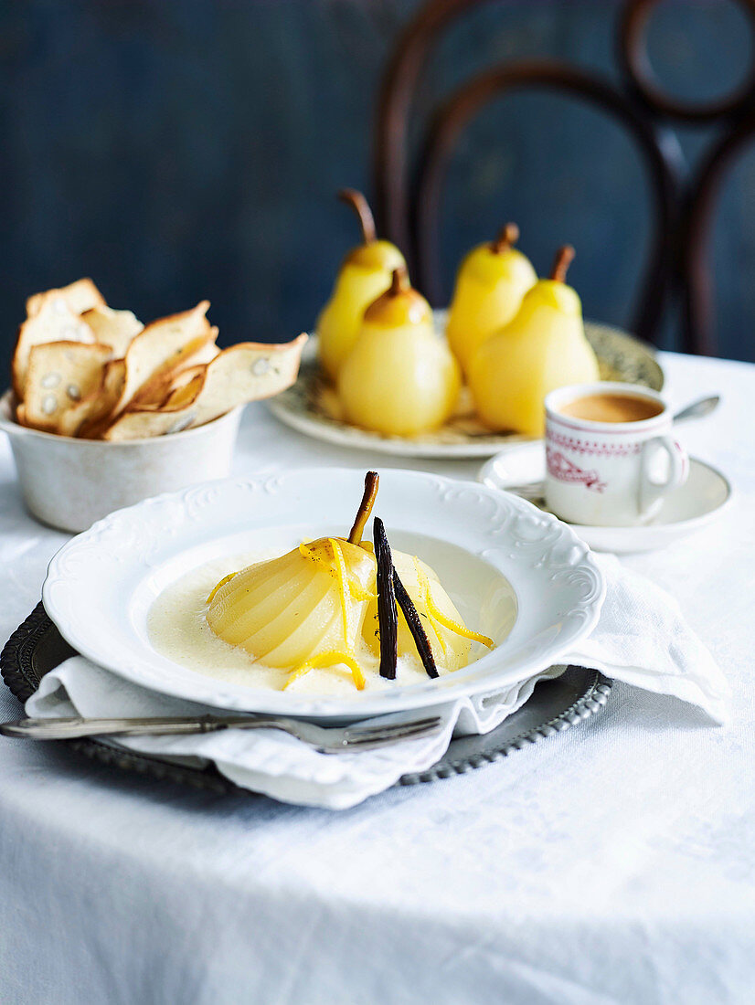 Poached pears with sabayon