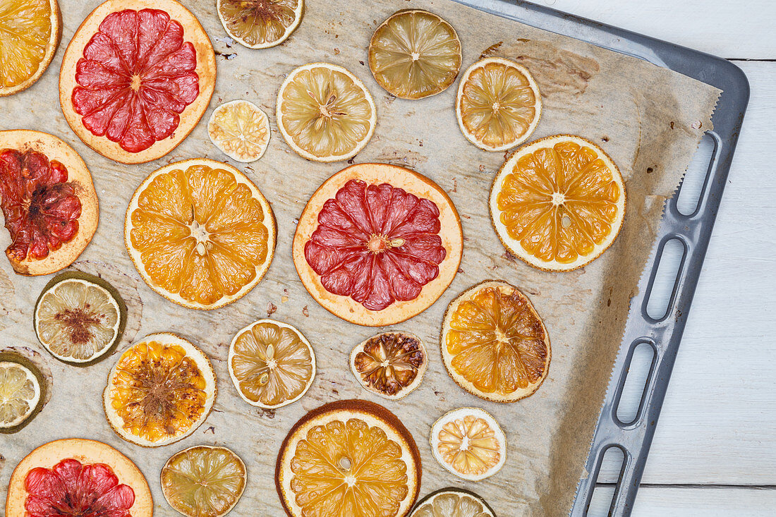 Getrocknete Scheiben von Orangen, Zitronen, Limette und Grapefruit