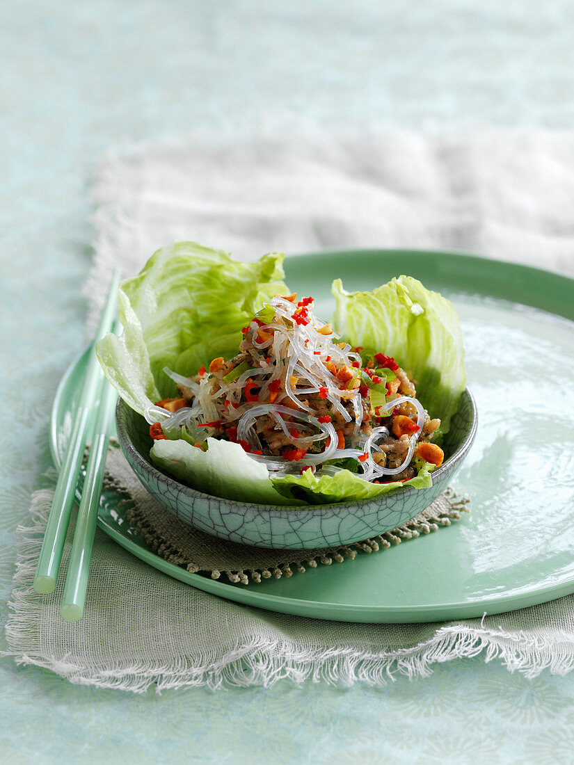 Glass noodle salad with chicken and chili on lettuce leaves (Thailand)