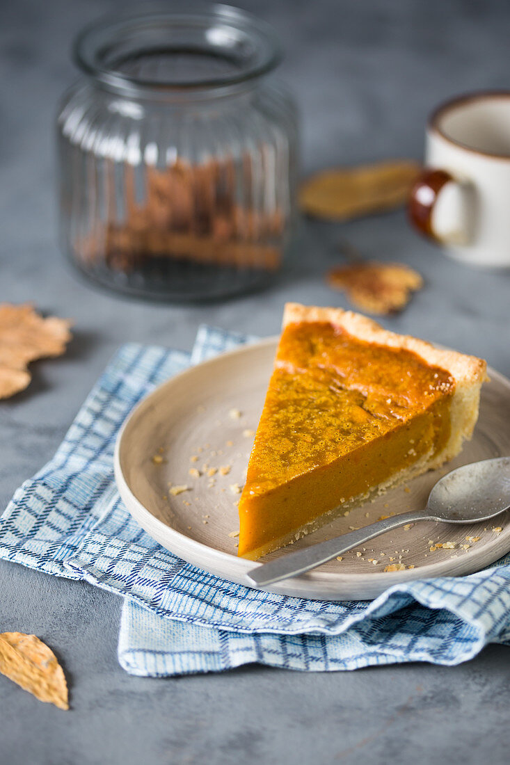 A slice of pumpkin pie on a plate with a spoon