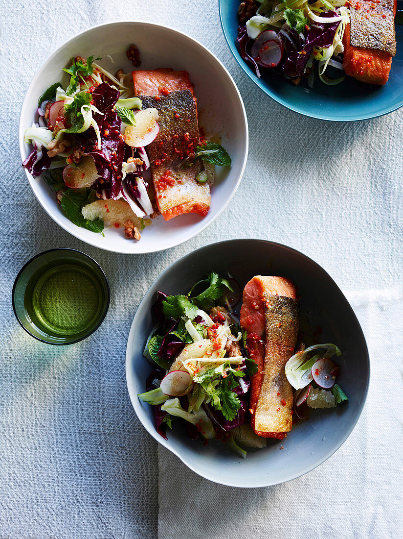 Crispy salmon trout with radicchio and grapefruit salad