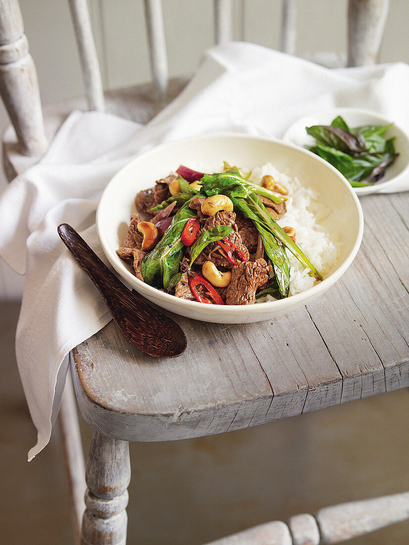 Beef, cashew and thai basil stir-fry