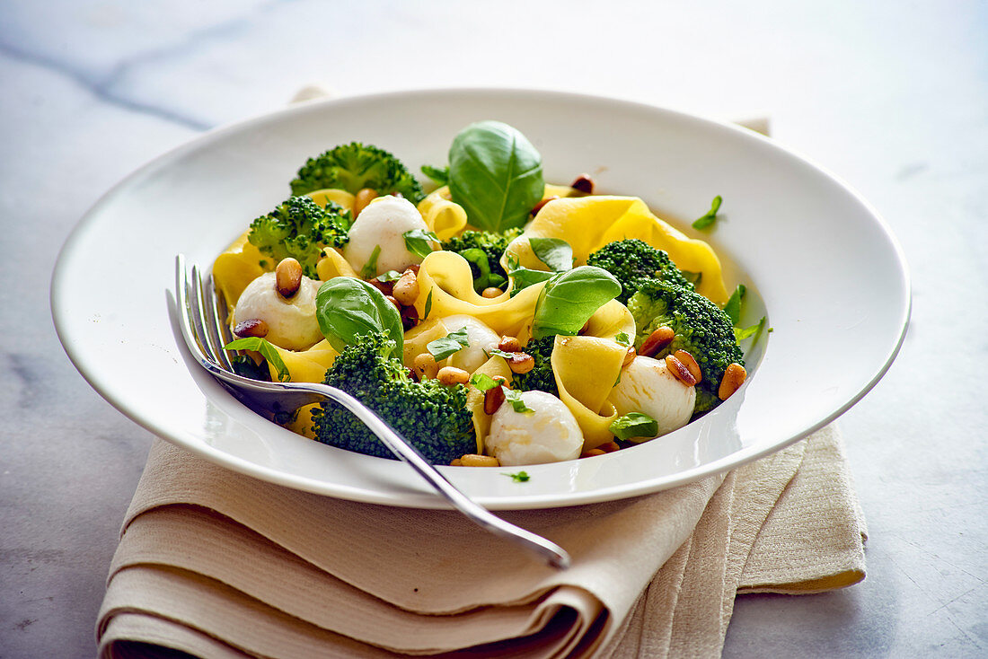 Papardelle with broccoli, mozzarella, basil and pine nuts