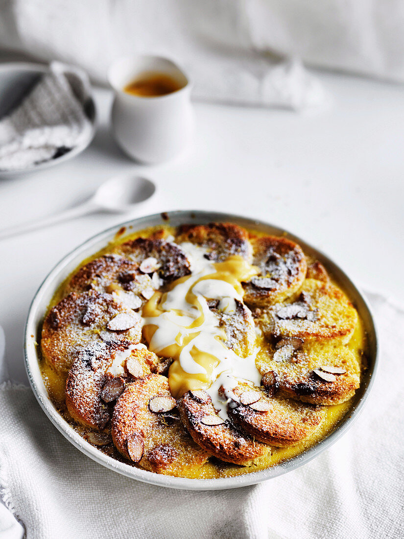 Bread pudding with lemon curd and almond butter