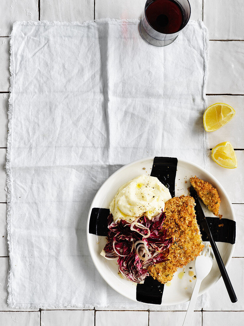 Breaded pork cutlet with parsnip puree and radicchio