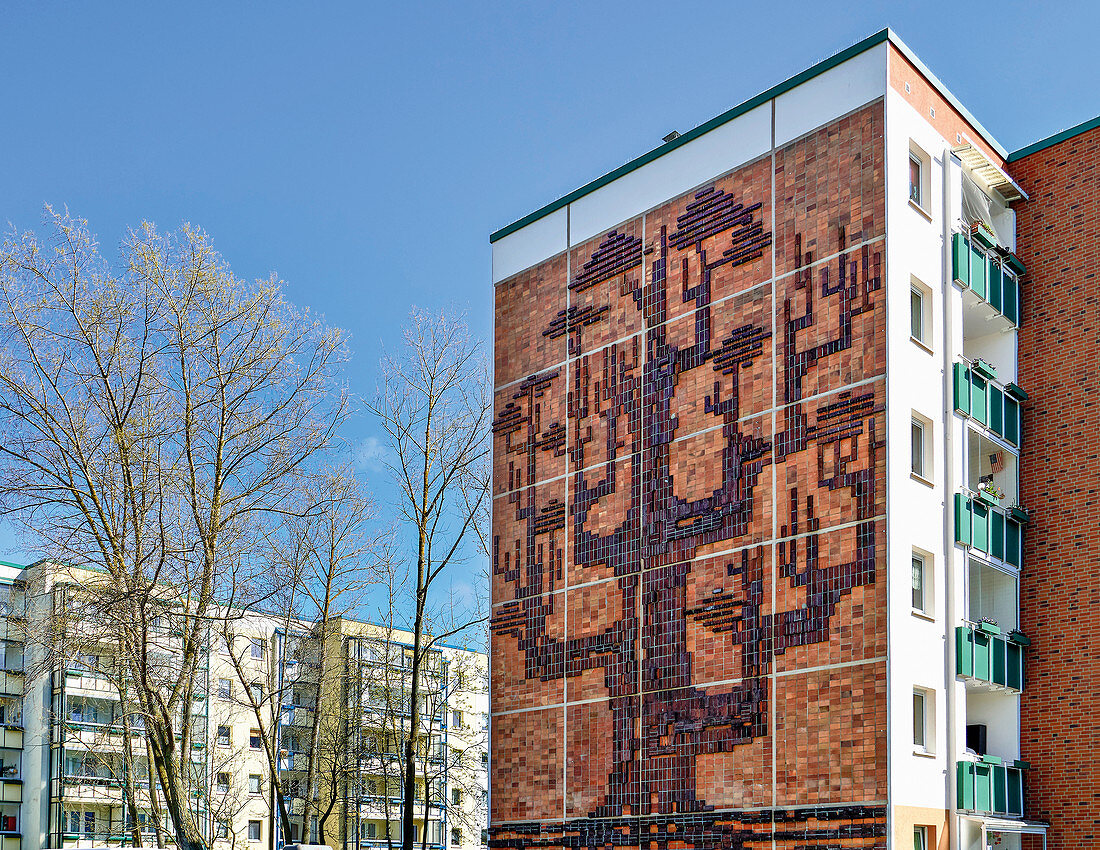 Apartment block with a giant tree relief, Evershagen, Rostock, Germany