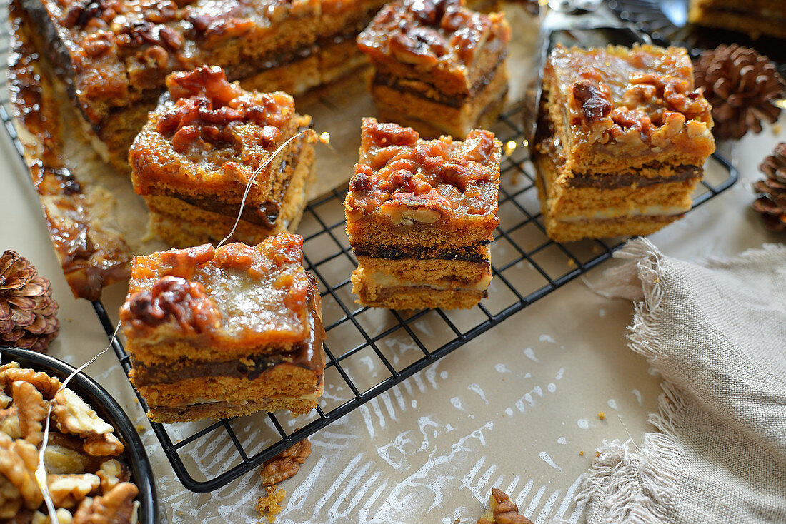 Christmas cake with walnuts in caramel