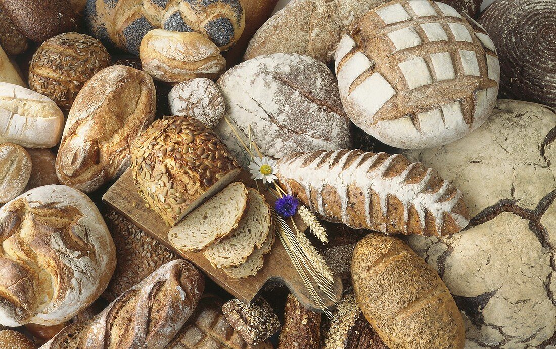 Brotstilleben mit vielen Broten,Brötchen,Brezen,Baguettes