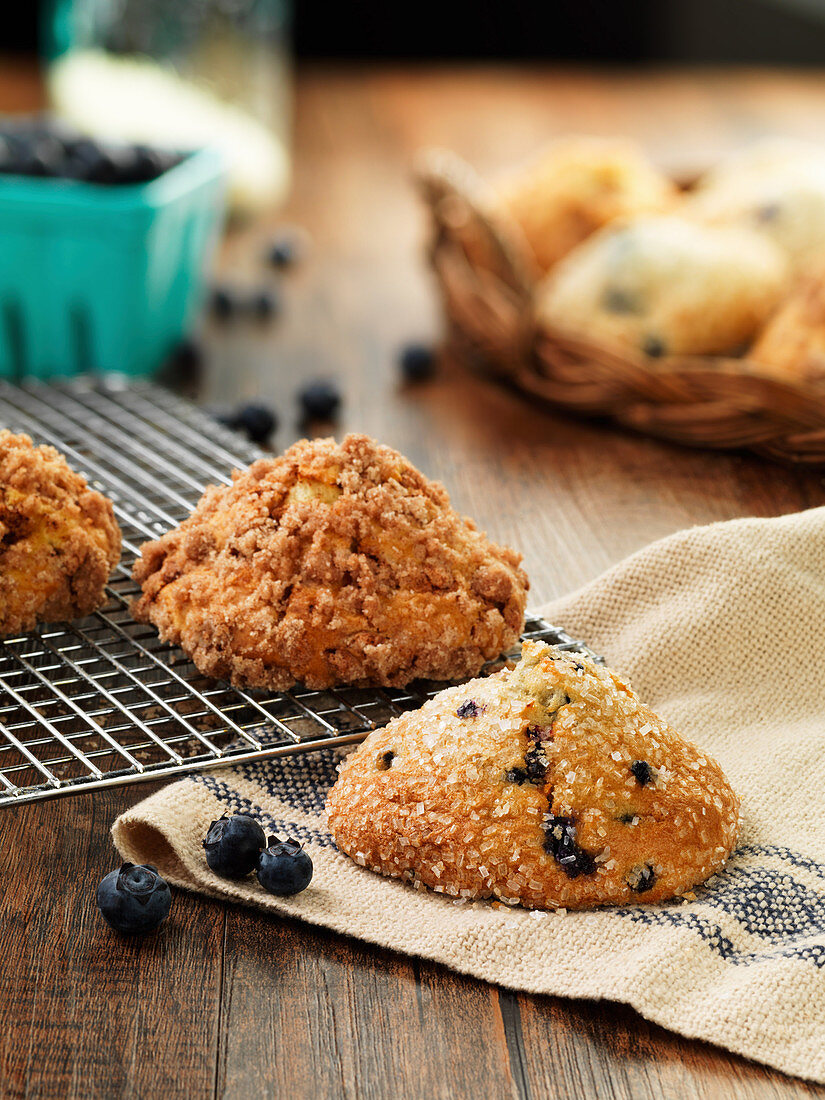 Blueberry scones on a wire rack