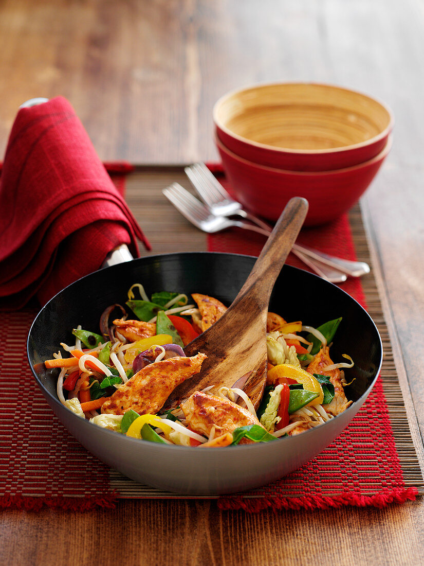 Chicken and vegetable stir fry with sprouts