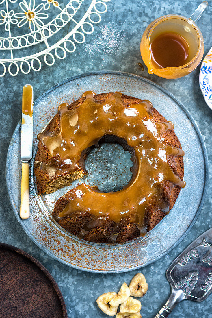 Banana cake with caramel sauce