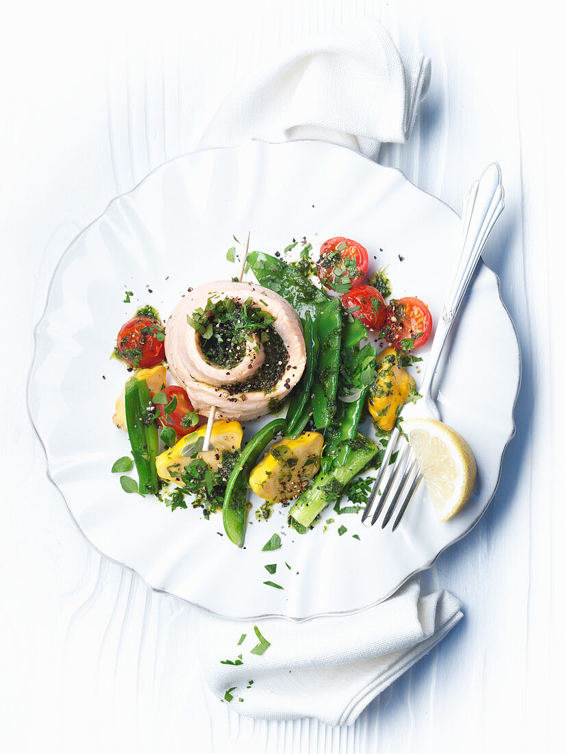 Salmon trout roll with vegetables and lovage pesto