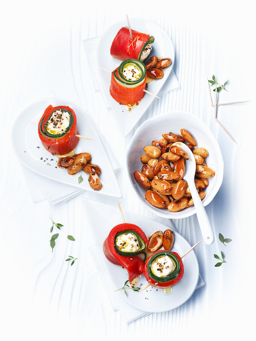 Pepper and courgette rolls with honeyed almonds