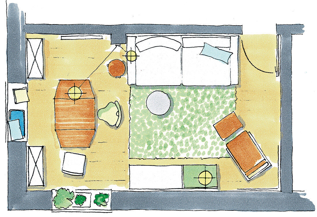 A floor plan of a living room with a desk