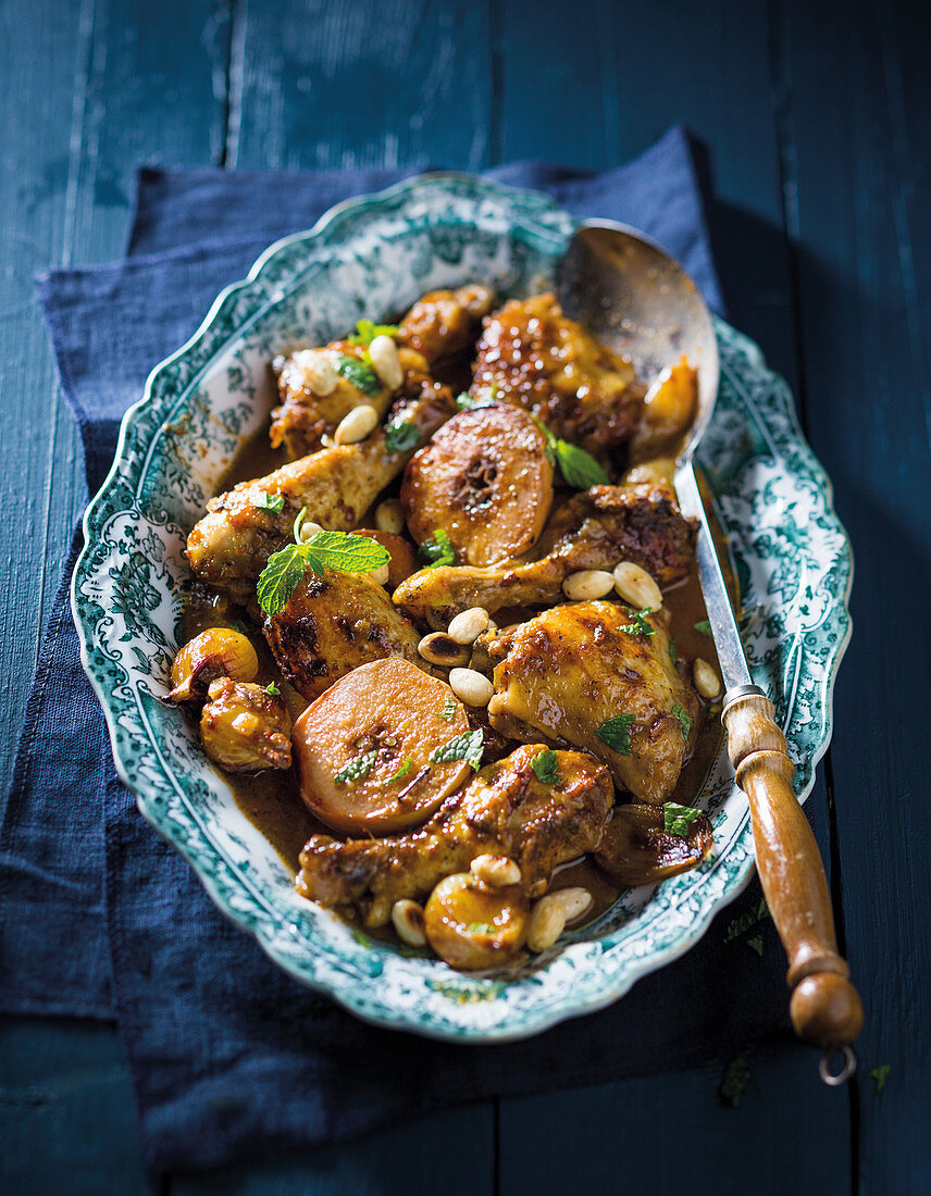 Chicken tajine with harissa, quinces and almonds