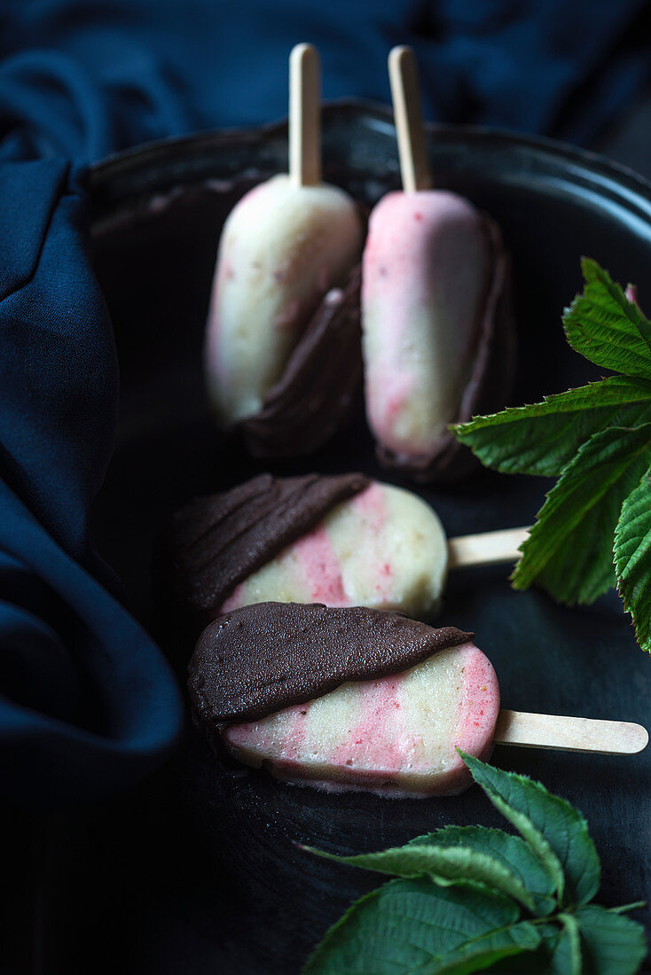 Vegan raspberry and banana ice cream sticks