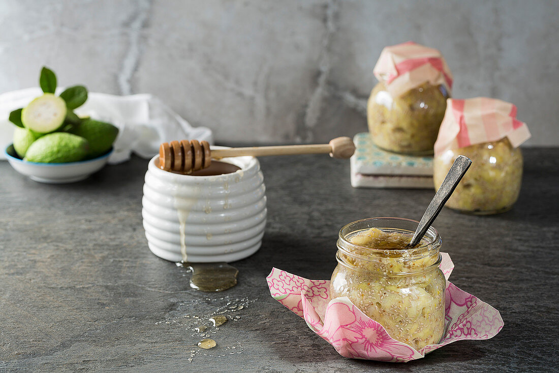 Feijoa and Chia Seed Jam, sweetened with honey